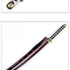 A close-up of a 41-inch katana cosplay sword with a black and white checkered grip and red accents.