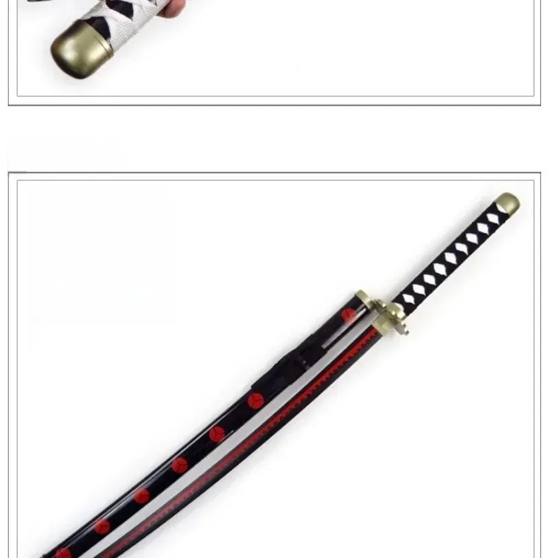 A close-up of a 41-inch katana cosplay sword with a black and white checkered grip and red accents.