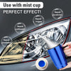 A hand applies a clear liquid to restore a cracked and yellowed car headlight lens using a mist cup.