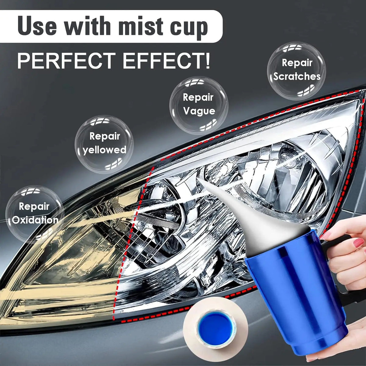 A hand applies a clear liquid to restore a cracked and yellowed car headlight lens using a mist cup.