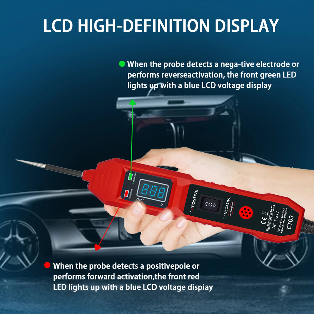 A hand holds a red digital car circuit tester with an LED voltage display, demonstrating negative and positive detection func