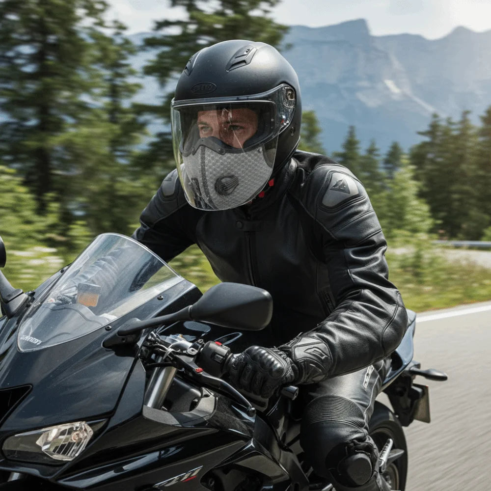 A man wearing a black leather jacket and helmet is riding a motorcycle on a road with mountains in the background.