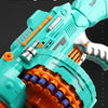 Close-up of a teal electric gatling gun toy with clear engraving and orange accents.