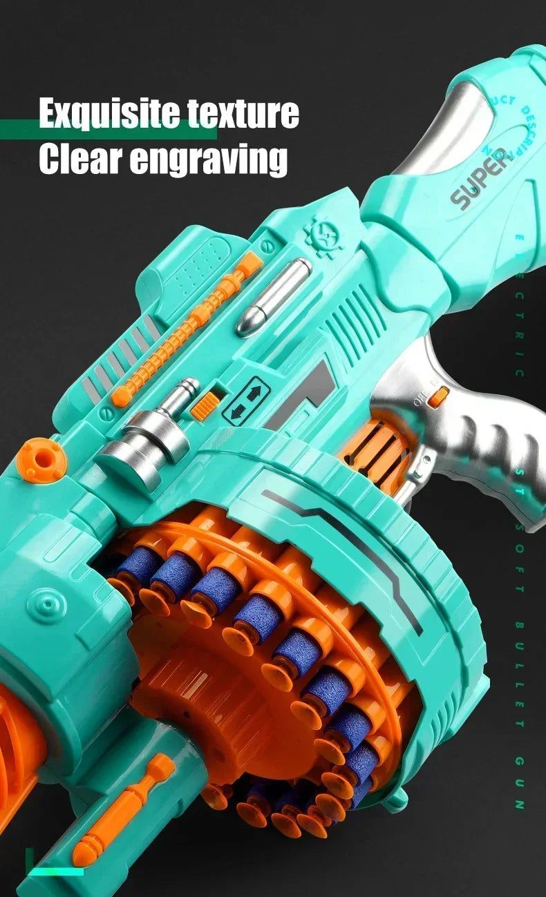 Close-up of a teal electric gatling gun toy with clear engraving and orange accents.