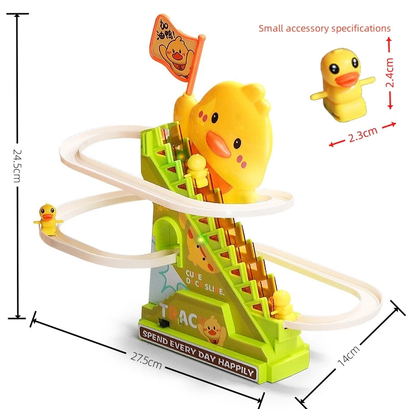 A yellow duck toy designed to climb stairs, featuring lights and music.