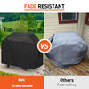 Comparison showing a black fade resistant barbecue grill cover versus a grey fade resistant one.