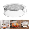 Clear microwave splatter cover with a heat-resistant handle, shown in various contexts.