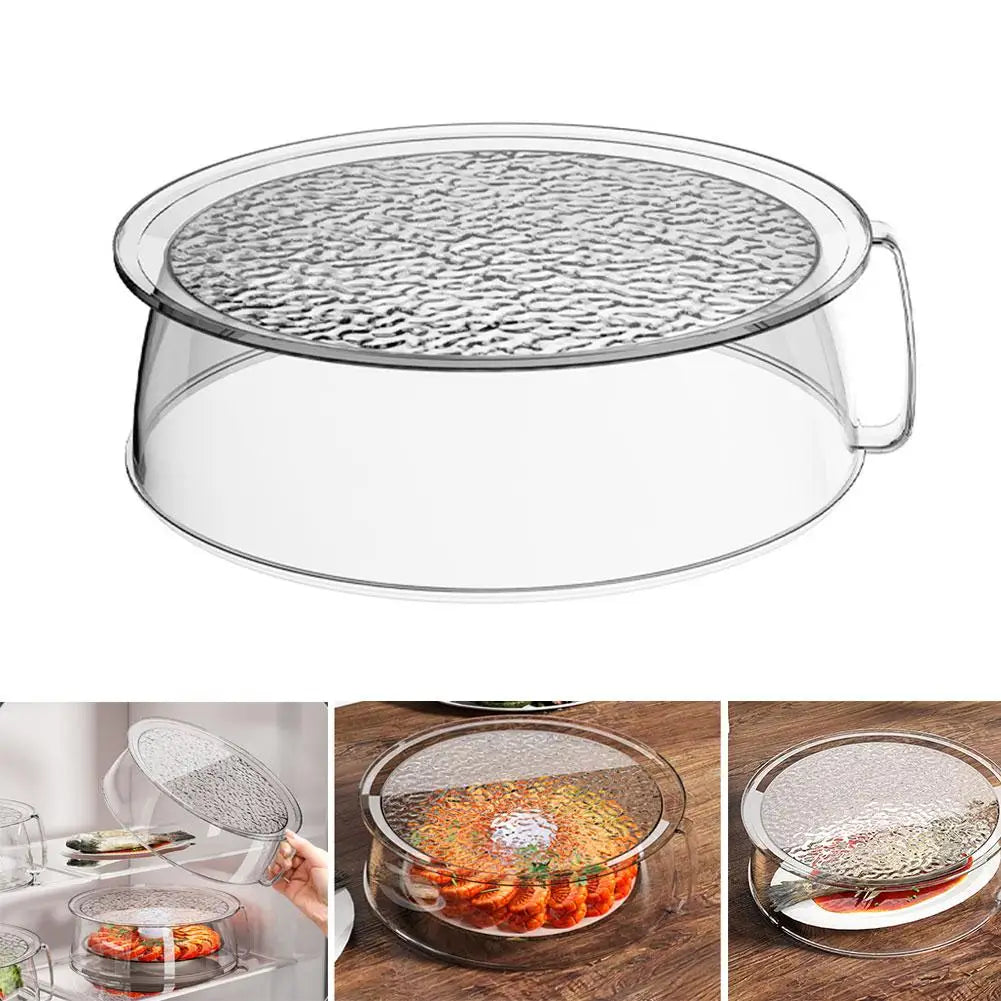 Clear microwave splatter cover with a heat-resistant handle, shown in various contexts.