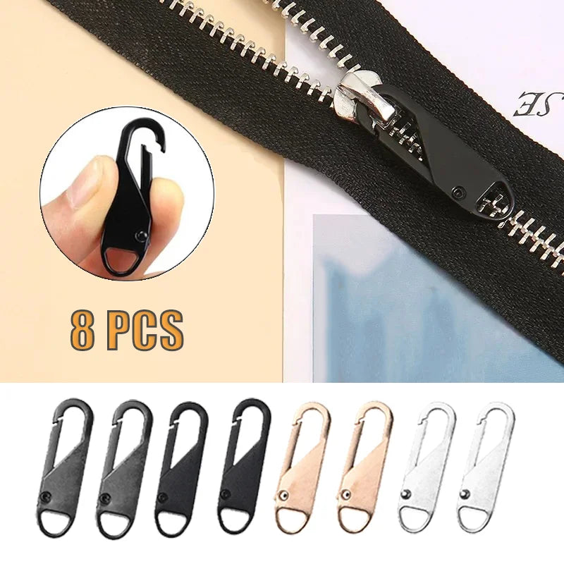 Set of eight metal zipper sliders or replacement parts for a universal zipper.