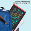 A pink tablet displaying various icons for drawing, learning, and sharing, shown next to a blue backpack.
