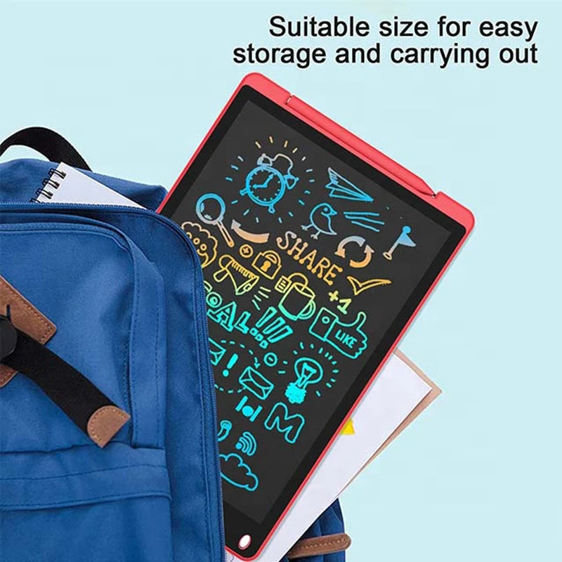 A pink tablet displaying various icons for drawing, learning, and sharing, shown next to a blue backpack.