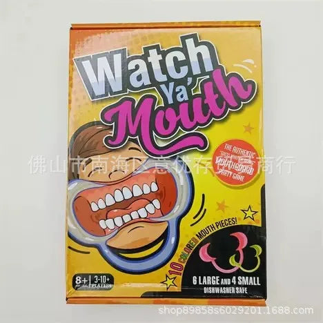 A box of Watch Ya Mouth party guessing card game featuring a cartoon illustration of an open mouth.
