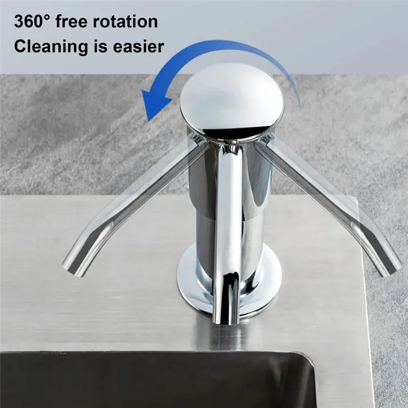 A chrome kitchen sink faucet extension kit demonstrating 360 degree free rotation for easier cleaning.