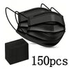 A black disposable face mask is shown alongside a stack of 150 masks.