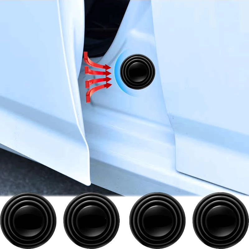 A close-up view of a car door panel showing sound insulation pads being installed, with several black circular pads displayed