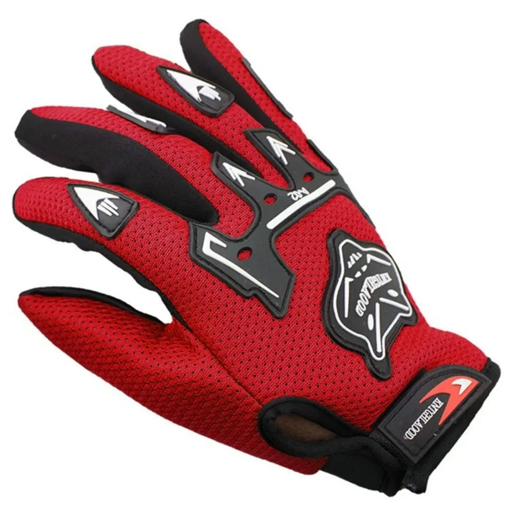 Red full finger nylon riding gloves with black accents and anti-slip grip