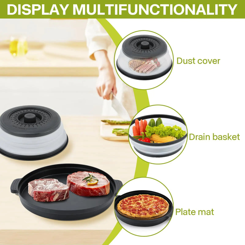Foldable Microwave Splatter Cover with Base Mat — 2-in-1 Food Lid and Colander