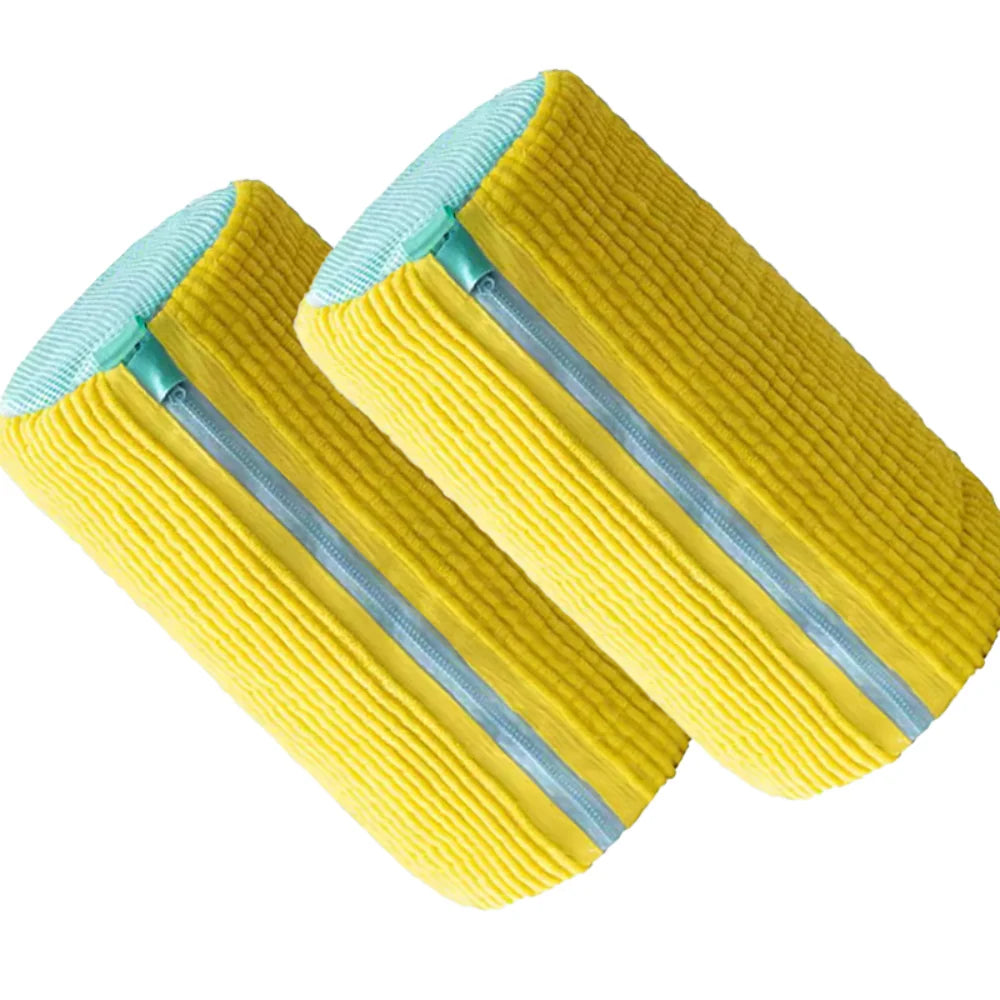 Yellow durable shoe washing bag with a blue self-locking zipper.