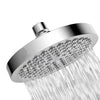 A chrome rainfall shower head with multiple nozzles is shown spraying water.