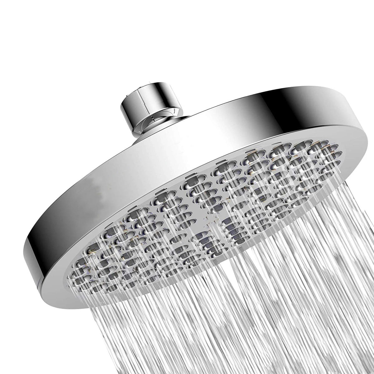A chrome rainfall shower head with multiple nozzles is shown spraying water.