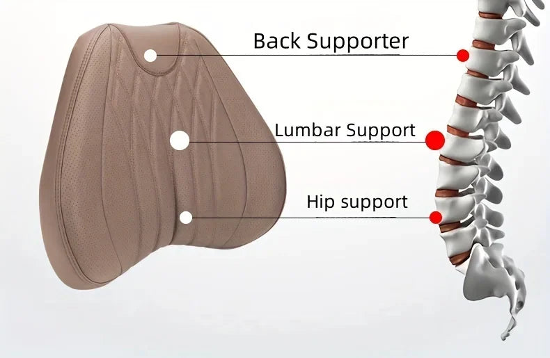 A beige memory foam lumbar support pillow designed for back, lumbar, and hip support.