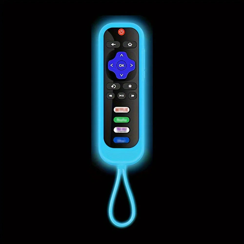 A glowing blue silicone remote control cover with a flexible cord.