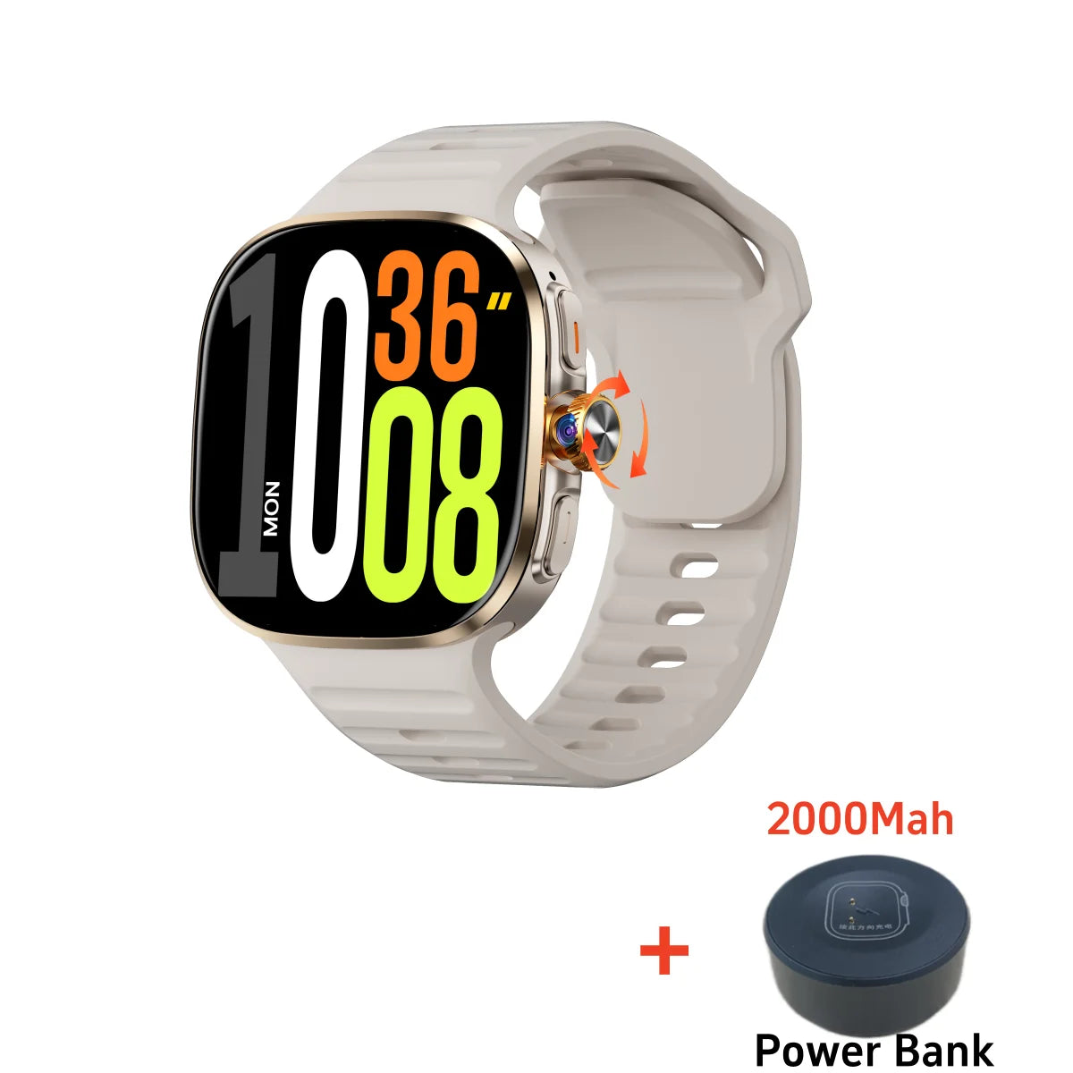 Weißer Smartwatch mit der Zeit 10:08 und ein Powerbank beschriftet mit 2000mAh.