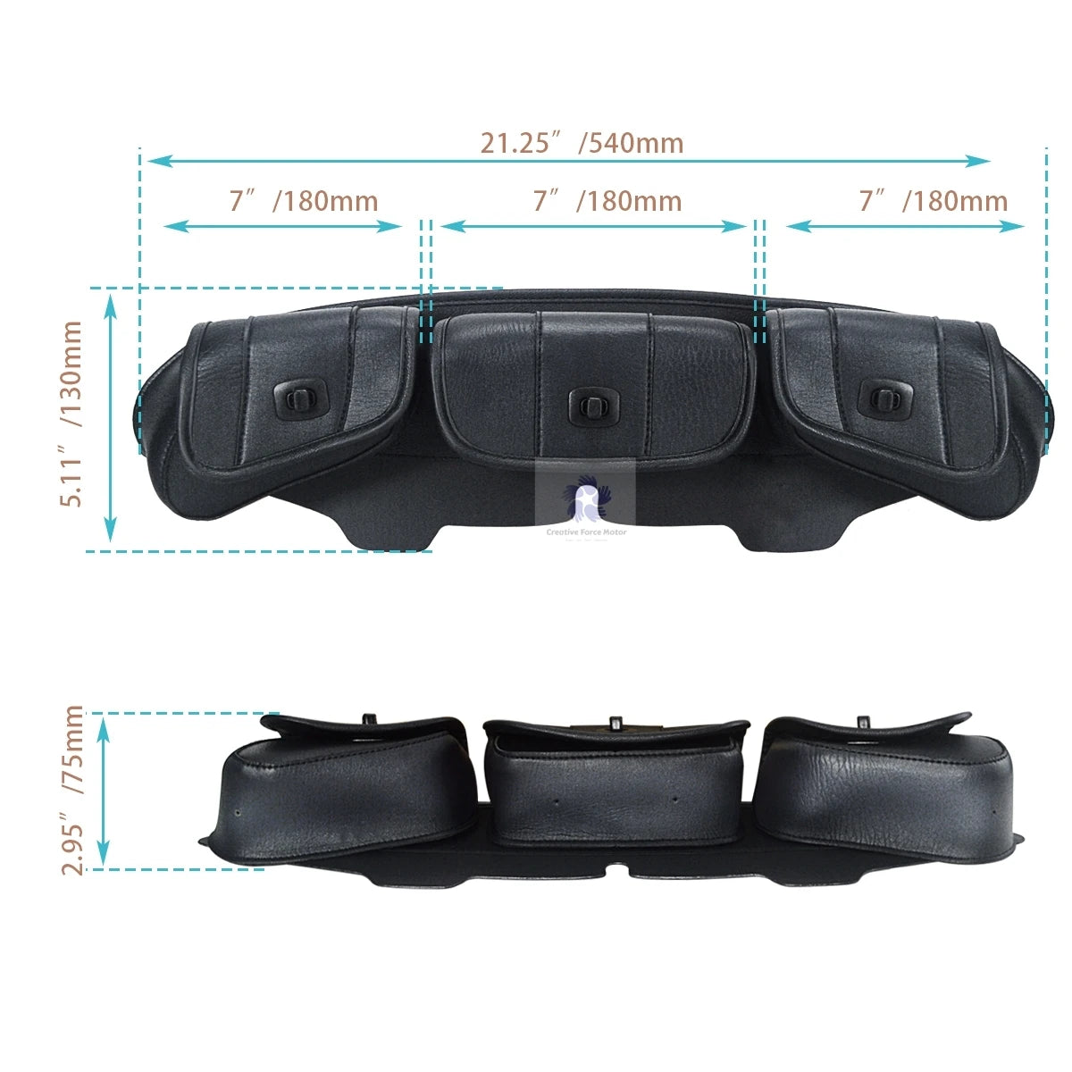 Black PU leather motorcycle windshield storage bag with three separate pouches