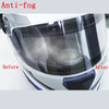 Close-up comparison showing the anti-fog effect on a motorcycle helmet lens before and after application.
