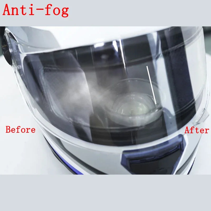 Close-up comparison showing the anti-fog effect on a motorcycle helmet lens before and after application.