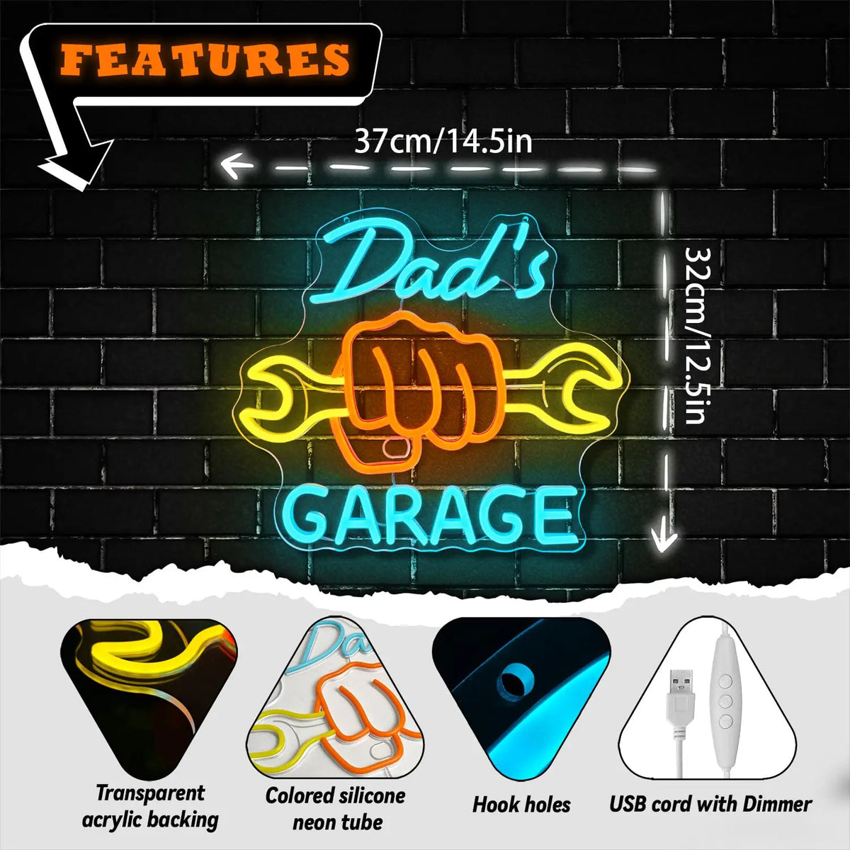 Neon sign featuring a fist and wrench design with the word GARAGE on a brick wall background