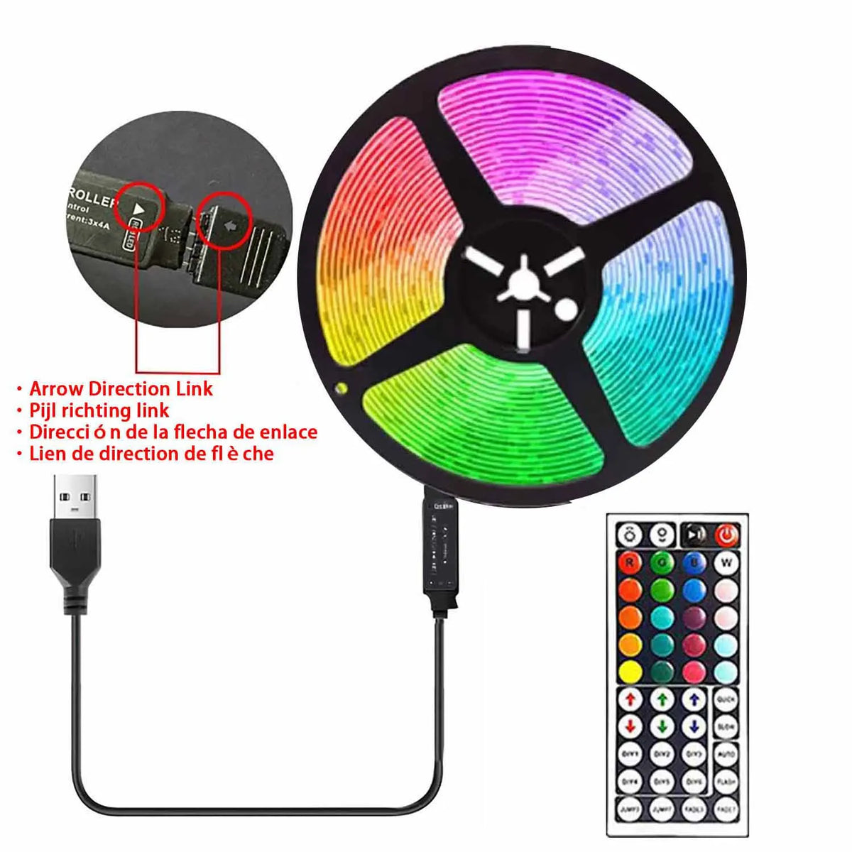 A circular multicolor RGB LED light fixture with a remote control and power cable.