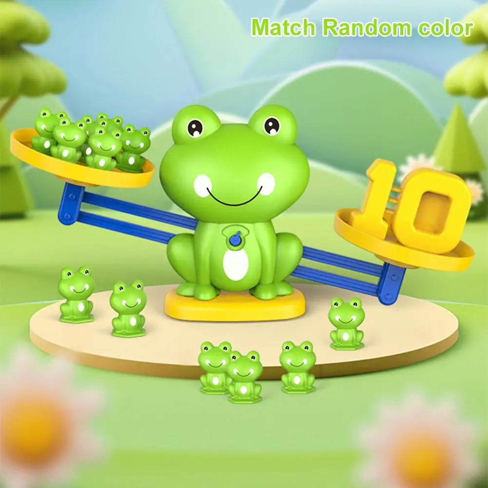 A green frog balance learning toy with ten frogs, designed for kids to practice matching random colors.
