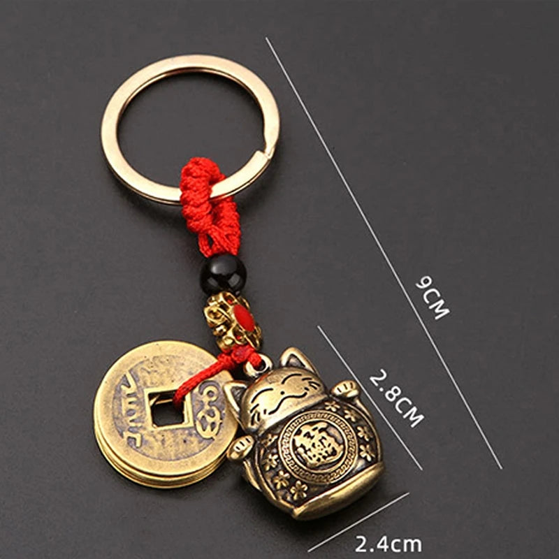 Vintage Lucky Cat Keychain with Five Emperors Coins