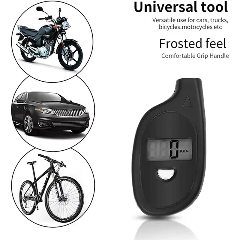 A black digital tire pressure gauge with an LCD display and a frosted grip handle shown next to various vehicles.