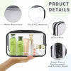 A clear PVC travel makeup and toiletry organizer bag showing various bottles and tubes inside.