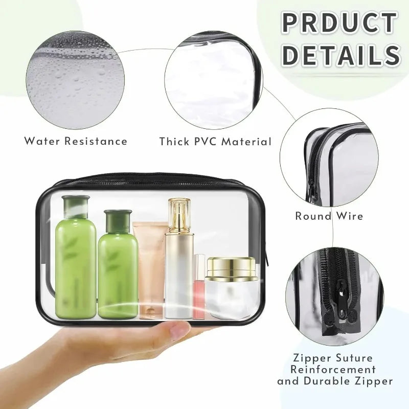 A clear PVC travel makeup and toiletry organizer bag showing various bottles and tubes inside.