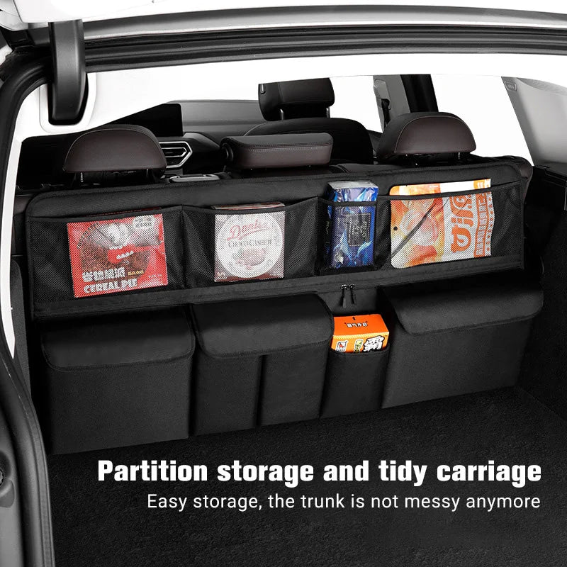 Black partition storage and tidy carriage for a car trunk with hanging pockets
