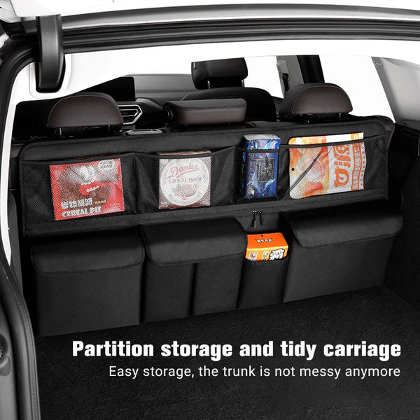 Black partition storage and tidy carriage for a car trunk with hanging pockets
