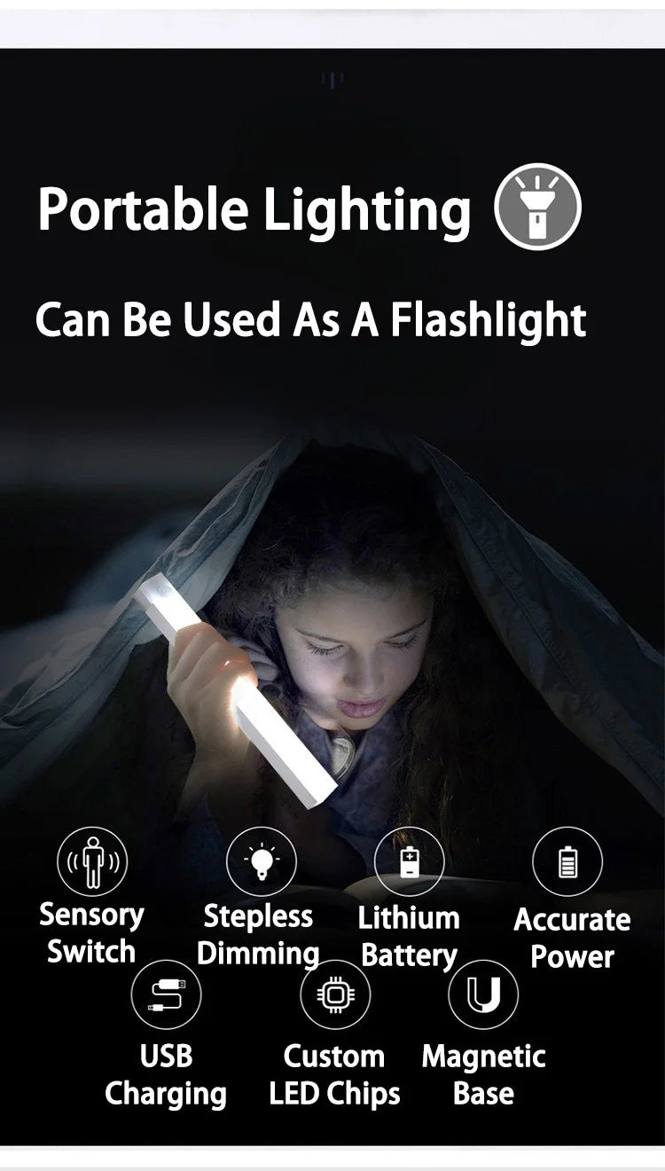 A hand is using a portable flashlight-style LED light to illuminate a person inside a dark cloth.