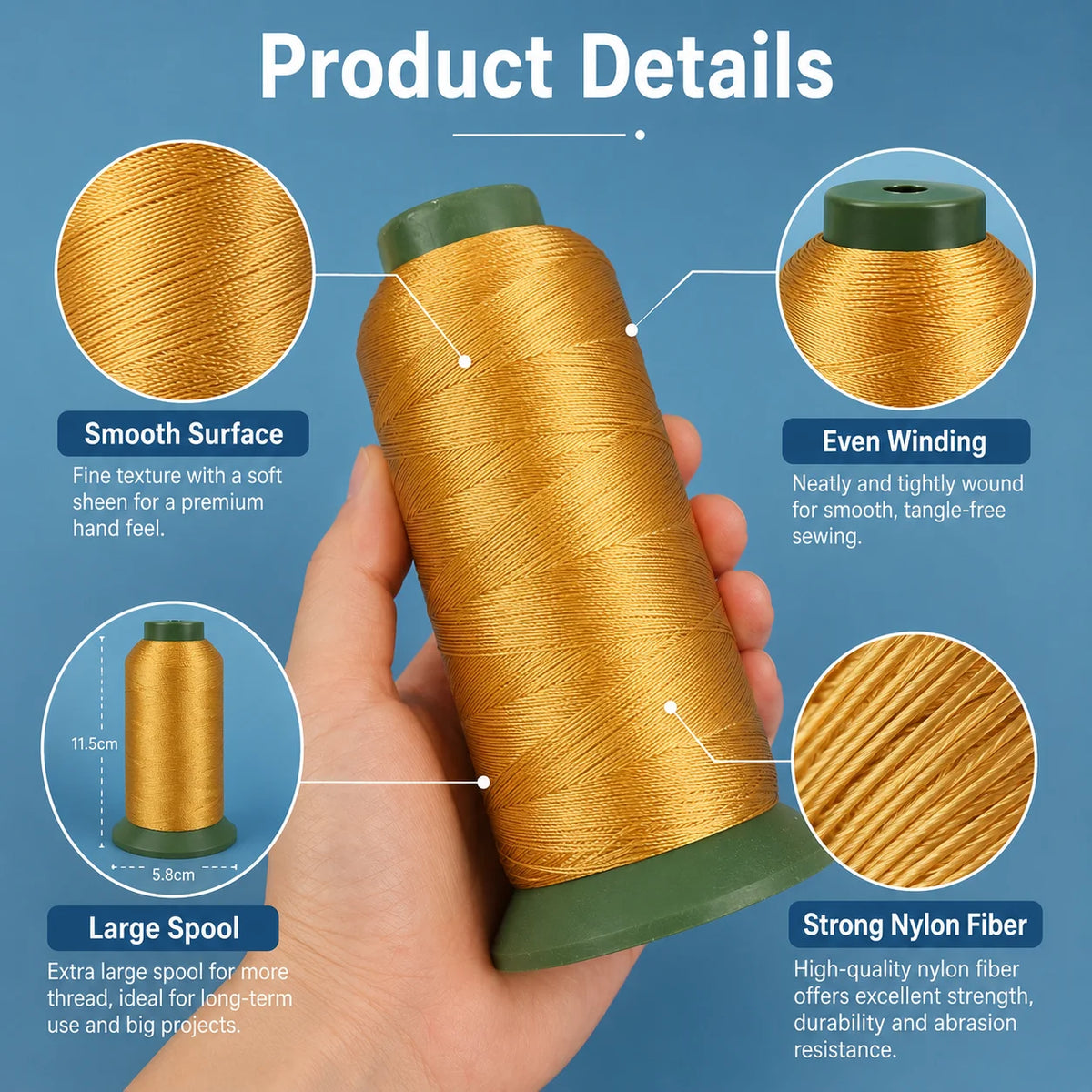 A hand holds a spool of gold nylon sewing thread, showing details about its smooth surface, even winding, and strong fiber.