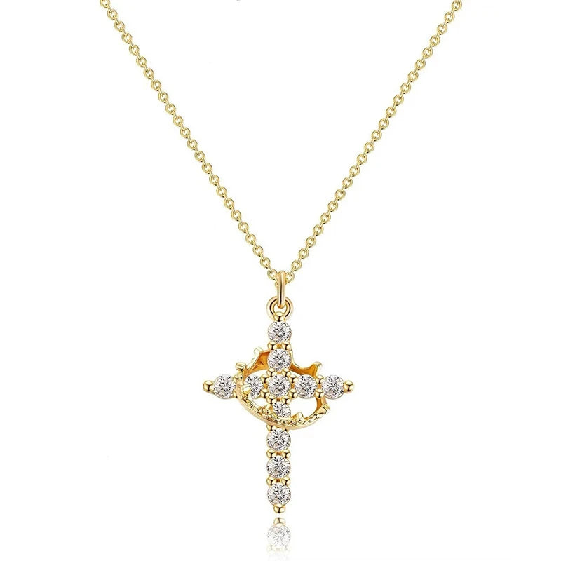 Rotating Cross Pendant Necklace with Rhinestone Detail