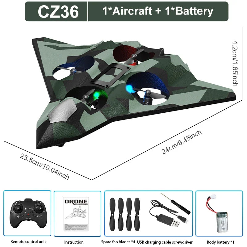 A green EPP foam RC stunt plane model with an aircraft and battery setup, showing the top view and components.
