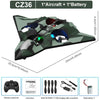 CZ36 EPP foam RC aircraft and battery setup showing the glider plane, remote control unit, instruction, spare fan blades, USB