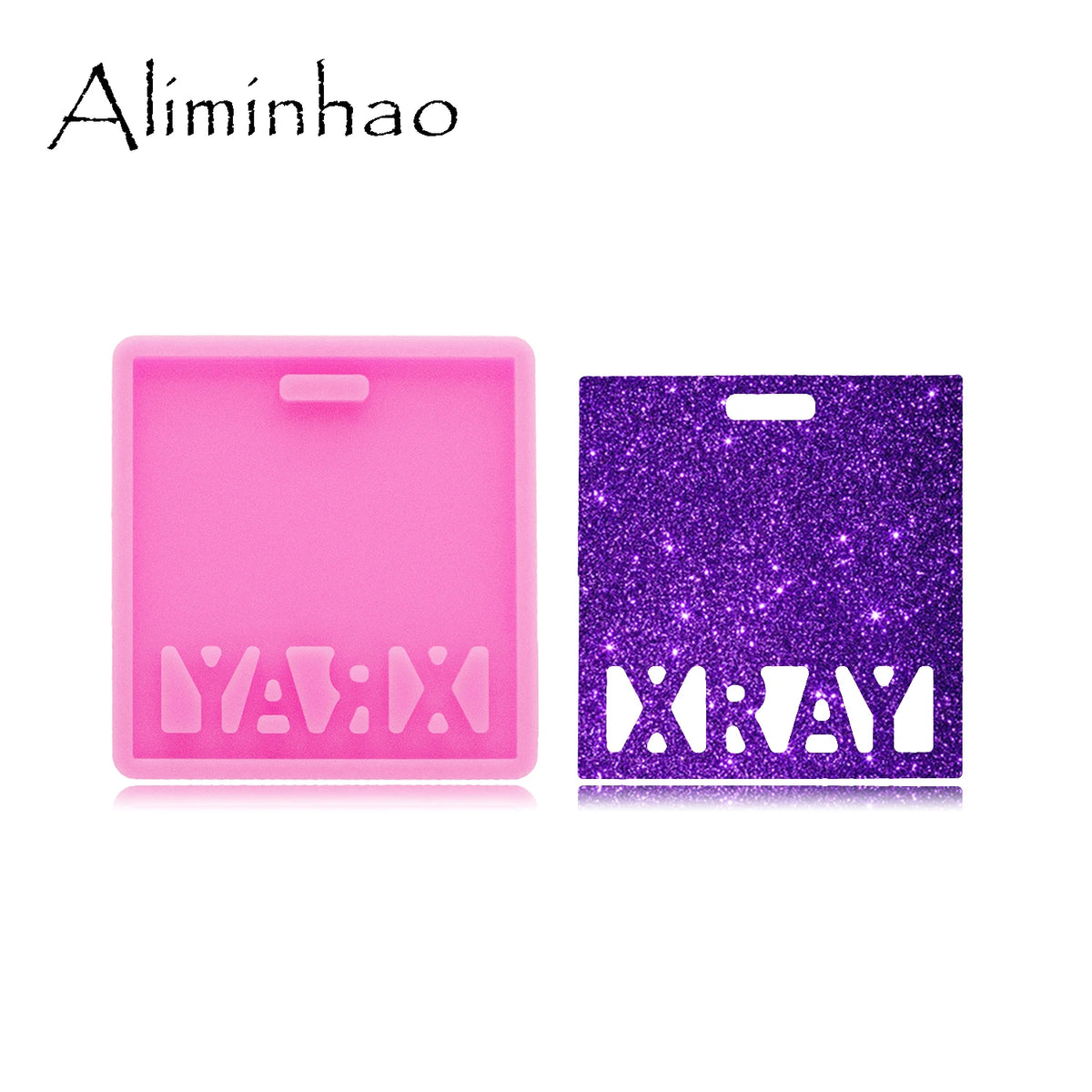 A pink silicone resin mold with the text YAVIX inside and a purple glitter mold with the word XRAY.