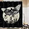 Gothic skull shower curtain featuring a moth and floral design against a starry night background.