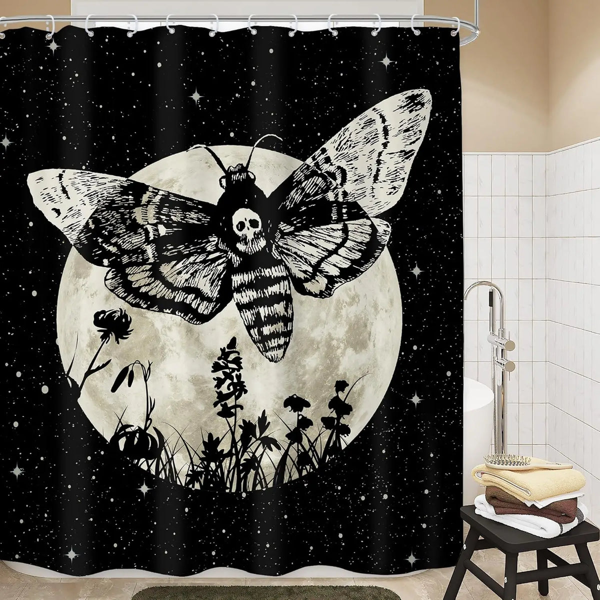 Gothic skull shower curtain featuring a moth and floral design against a starry night background.