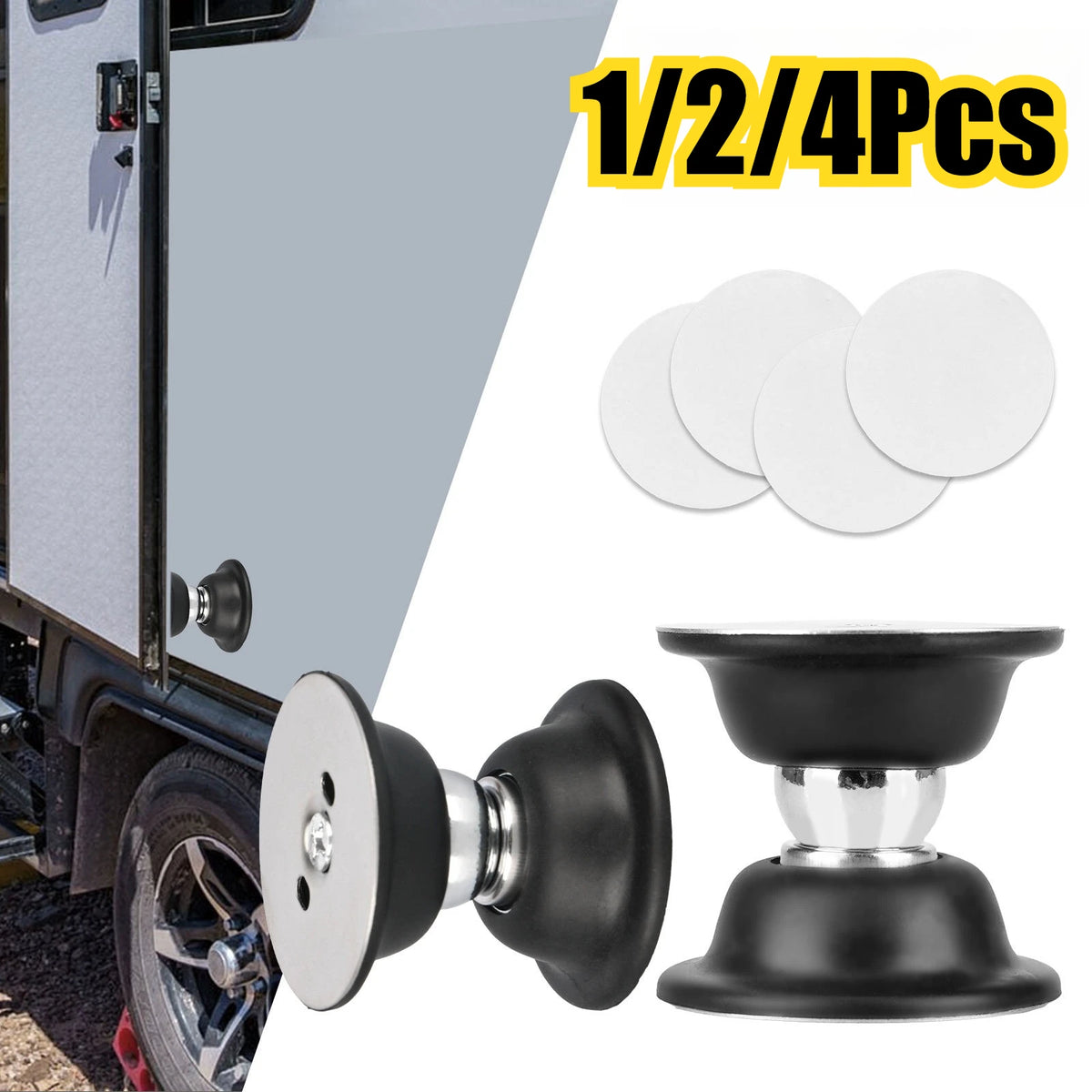 Set of four magnetic door catches for RVs, campers, and trailers with a black and silver finish.