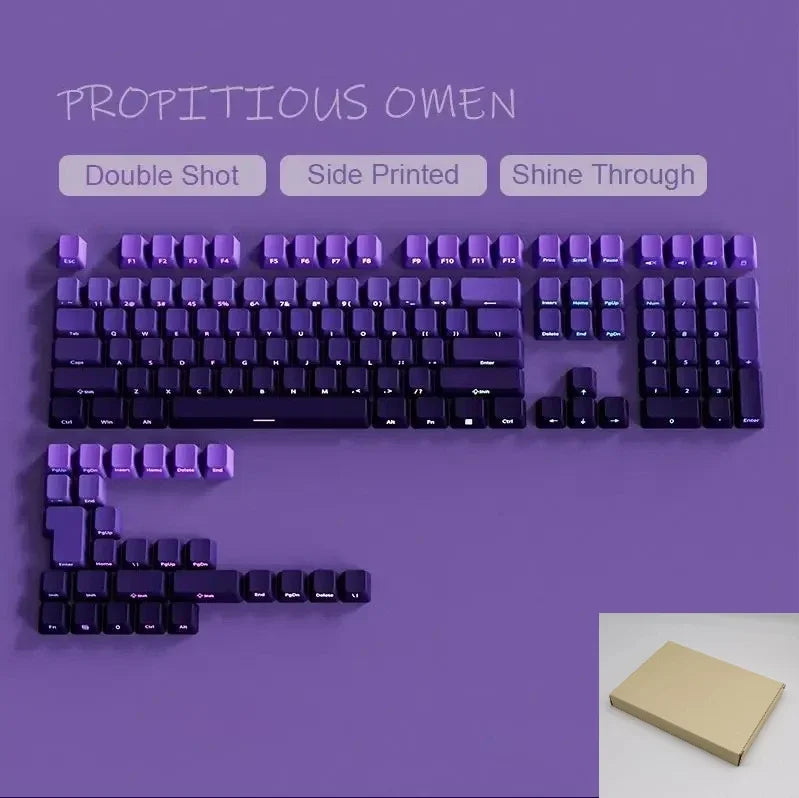 Nahaufnahme lila Farbverlauf PBT-Tastenkappen für eine mechanische Tastatur, die verschiedene Layouts und Optionen zeigt.