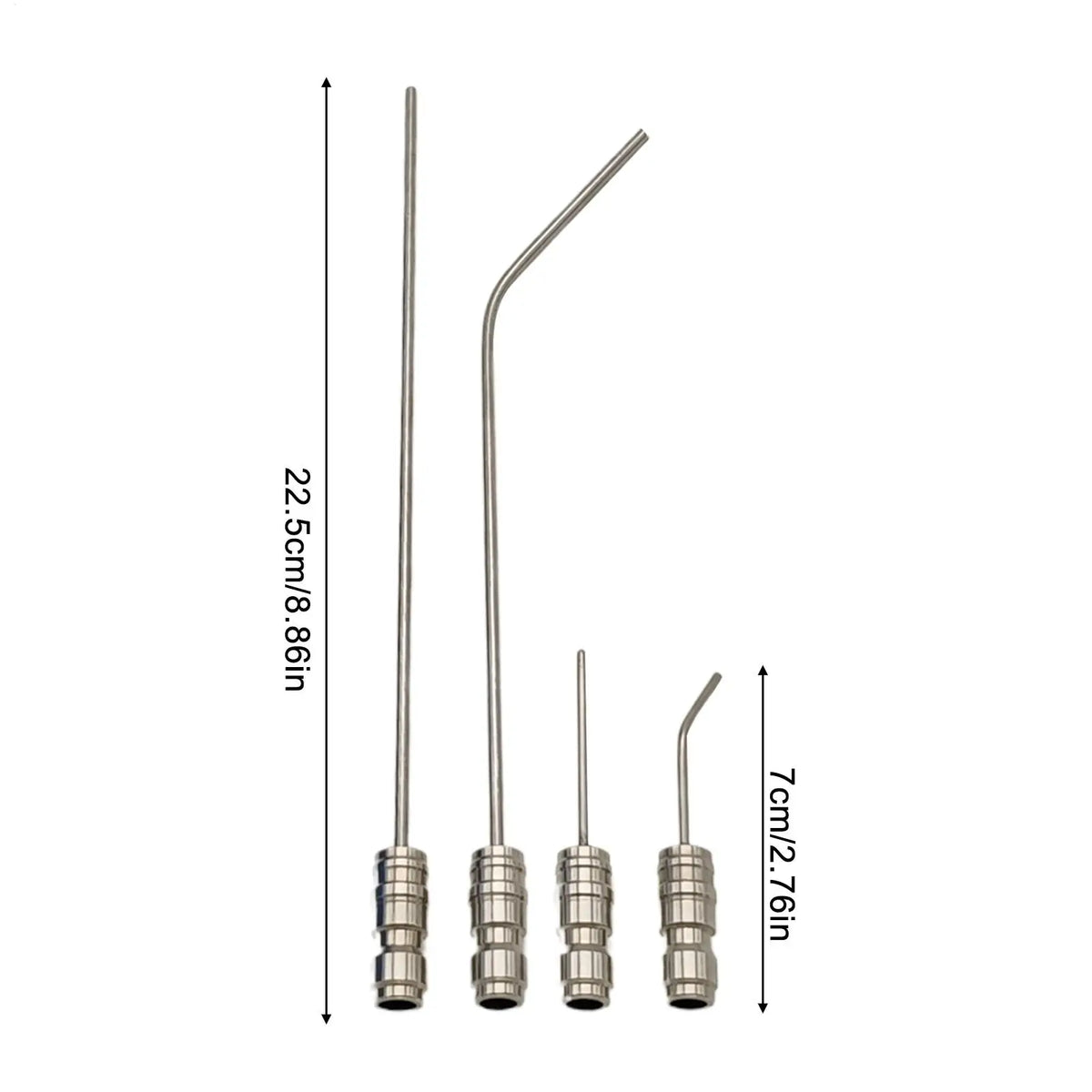 A set of four stainless steel pressure washer nozzles with varying lengths and tip shapes.